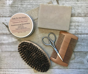 Tobacco & Bay Leaf Beard Grooming Set with Organic Handmade Body Bar Soap and Conditioning Beard Balm