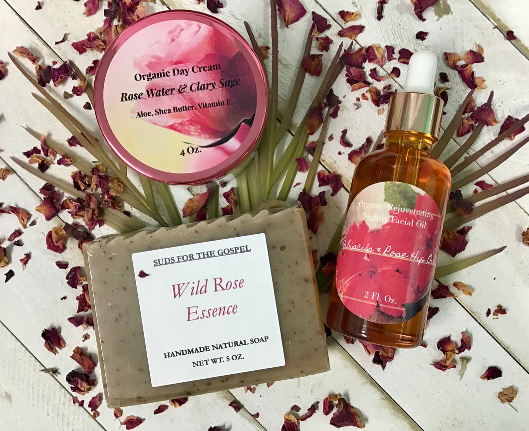 Luxurious Organic Wild Rose Soap, Rose Hip Oil & Clary Sage Hydrosol Day Cream, Hibiscus & Rose Hip Oil Nightly Facial Serum; Complete Facial Care Bundle